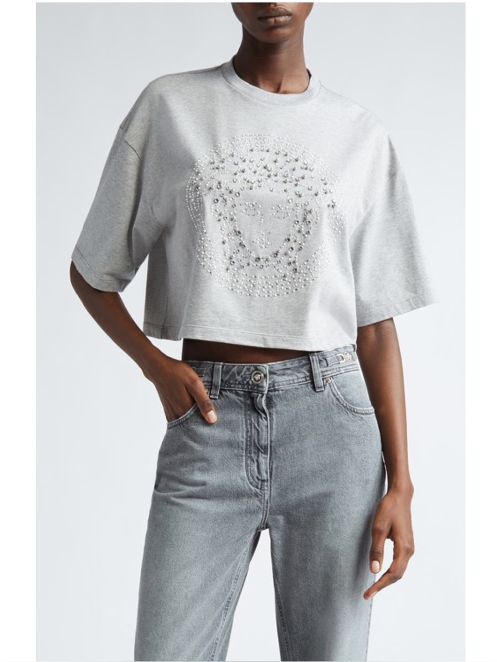 Versace Crystal Medusa Crop Boxy Tee Shirt Top Gray US 4 IT 40 NWT Cotton